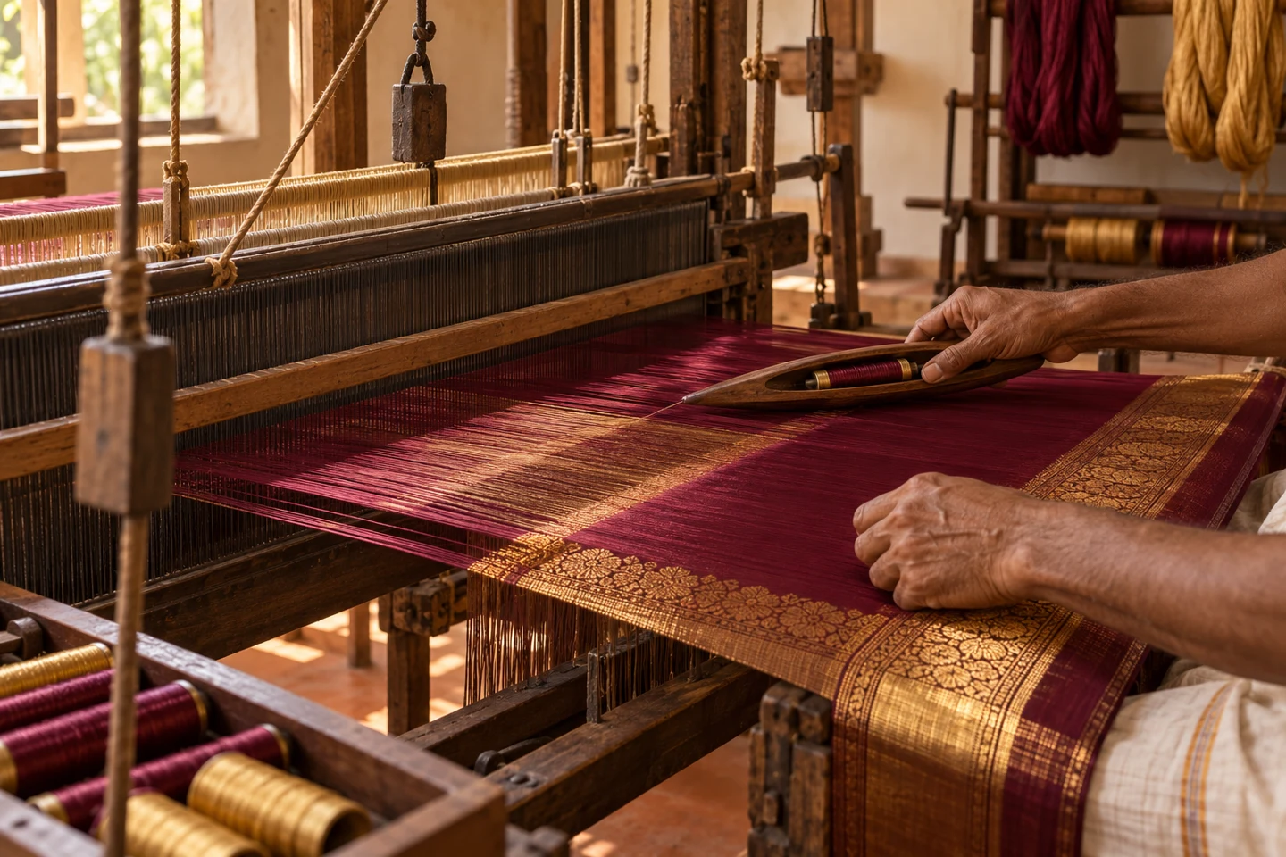 Traditional handloom weaving with silk threads and a wooden shuttle