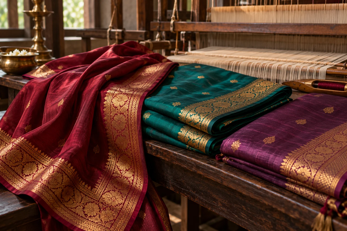 Rich silk sarees with gold borders beside a traditional wooden handloom