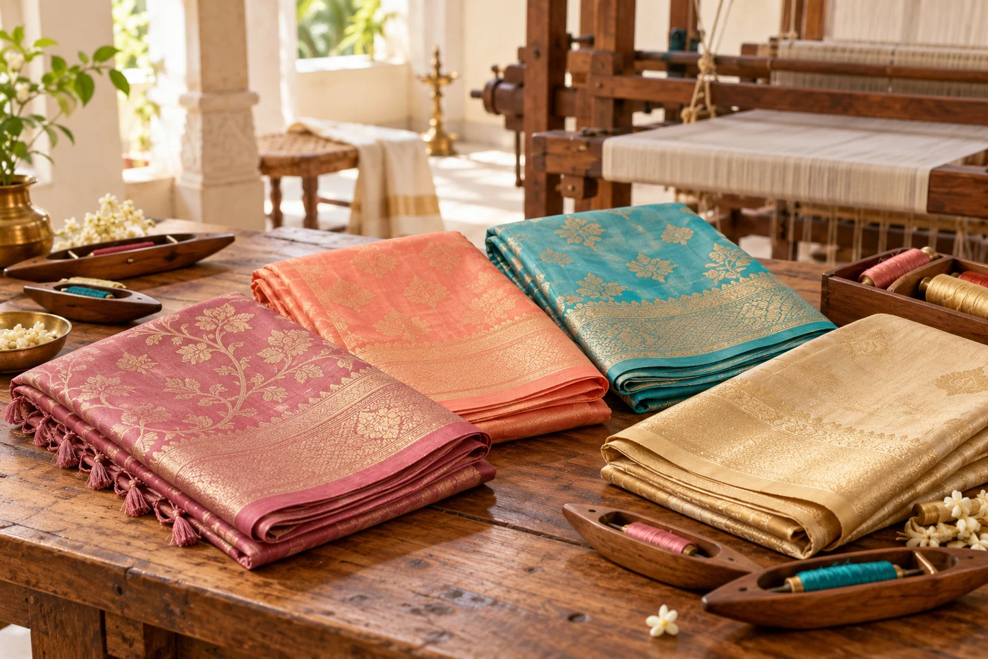 Colourful semi silk sarees and yarn bobbins on a weaving worktable